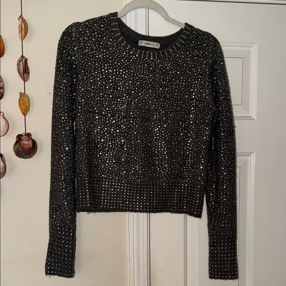 Grey Studded Sweater with Rhinestones